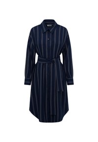 Mörkblå klänning med knappar och långa ärmar, vertikala vita ränder, ett midjebälte och en rundad nederkant. Har en klassisk krage och fem knappar.