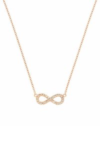 Collana in oro rosa con un pendente a simbolo infinito scintillante, decorato con cristalli, su una catena delicata.