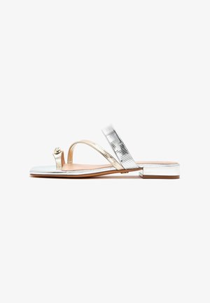 Zilveren teensandalen met een glanzende metallic afwerking, voorzien van een textuur strap in goud en een kleine decoratieve detail op de teen. Plat zoolontwerp.