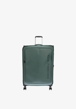 Valise souple verte avec quatre roues, poignée télescopique, poche avant zippée et logo "Mandarina Duck" sur le devant.