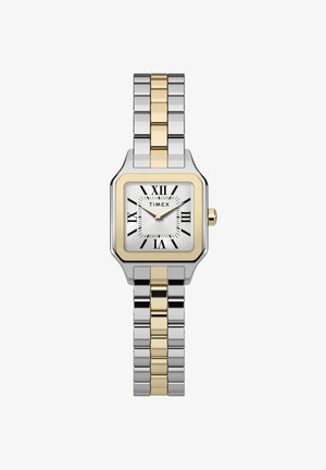 Relógio de pulso com bracelete em prata e tom dourado, com mostrador retangular, mostrador branco, números romanos pretos e uma luneta em tom dourado.