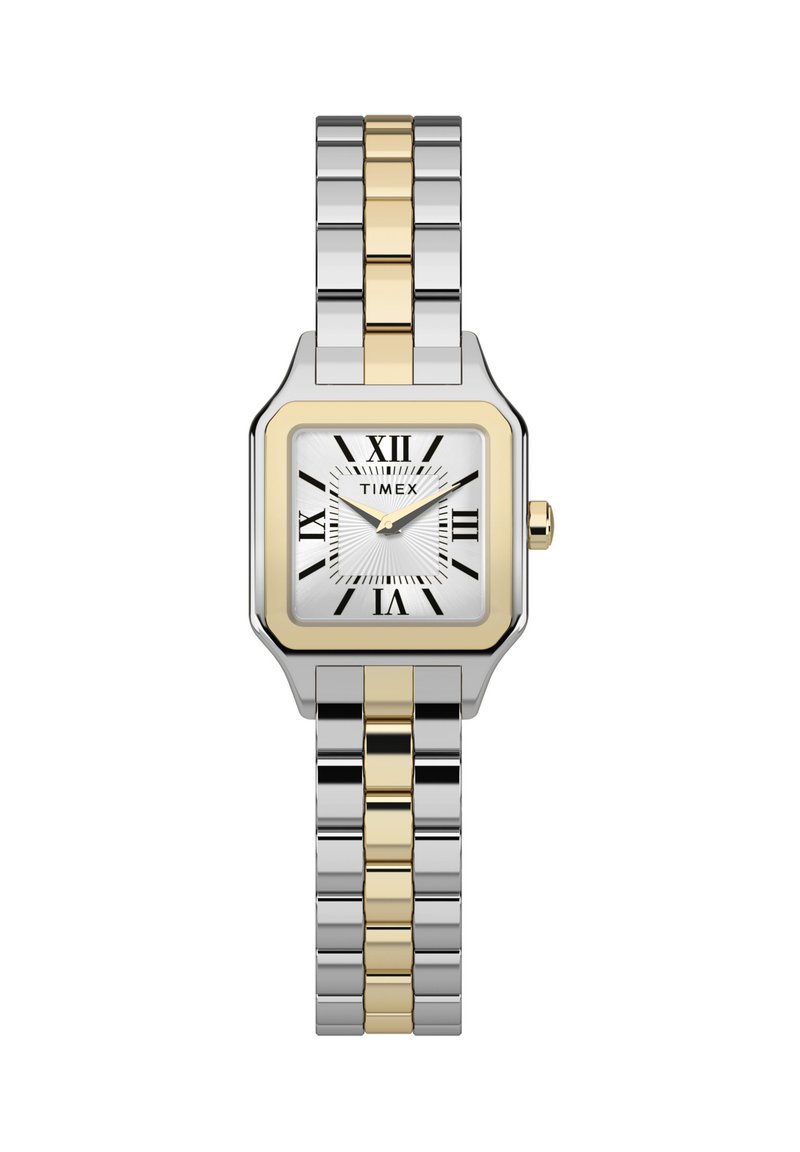 Silver and gold-tone bracelet watch with rectangular face, white dial, black Roman numerals, and a gold-tone bezel.
