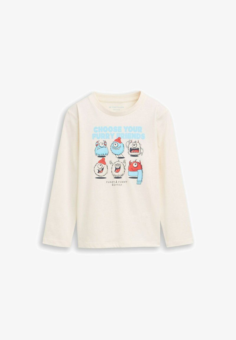 Krémové tričko s dlhým rukávom s grafickou potlačou farebných rozprávkových bytostí a textom "Vyberte si svojich chlpatých priateľov". Bavlnený materiál.