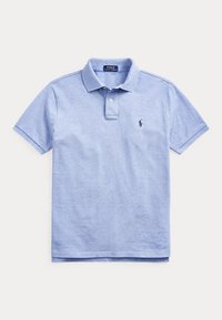 Hele sinine lühikeste varrukatega polo-särk, kraega ja kahe nupuga, vasakul rinnal väike tume logo.