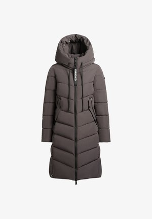 Lange, donkergrijze gewatteerde jas met een capuchon. Verticale en chevron quiltpatroon, rits aan de voorkant, trekkoorden met toggle en twee zijzakken.