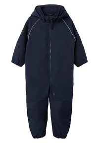 Námorně modrý snowsuit s plným předním zipem, elastickými manžetami a kapucí; obsahuje kontrastní látkové záplaty na kolenou.