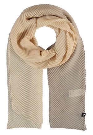 Jasny beżowy i taupe prążkowany szalik z ukośnymi zakładkami, złożony w pętlę z widoczną metką marki na jednym końcu.