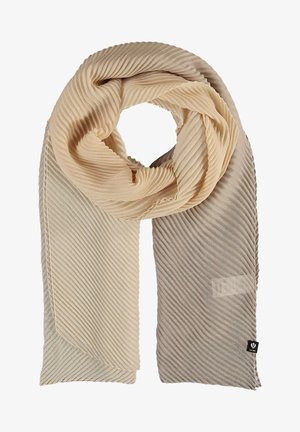 Jasny beżowy i taupe prążkowany szalik z ukośnymi zakładkami, złożony w pętlę z widoczną metką marki na jednym końcu.