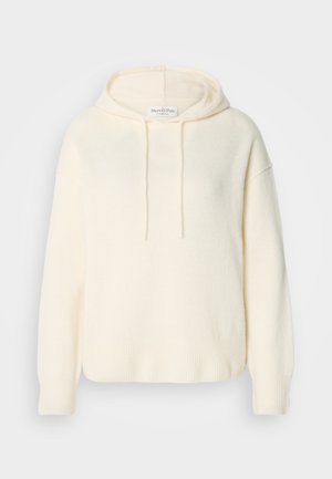 Krémový, skrátený mikina s kapucňou vyrobená z textúrovanej látky. Obsahuje šnúrky a rebrované manžety, s voľným strihom a jemným brandingom.