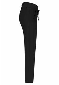 Zwarte broek met een rechte snit, een elastische tailleband met trekkoord en zijzakken. De stof lijkt glad met een lichte glans.