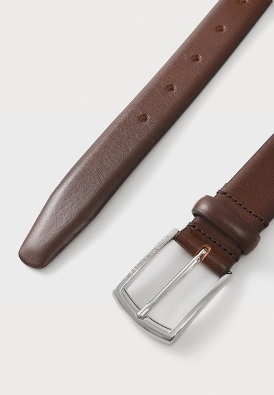 Brown leather belt with a smooth texture, featuring a silver metal buckle and multiple adjustment holes along the strap.