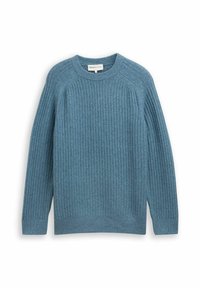 Niebieski sweter wykonany z prążkowanego dzianiny, z długimi rękawami i okrągłym dekoltem. Wykonany z teksturowanej tkaniny, lekko luźny fason z rozcięciami po bokach na dole.