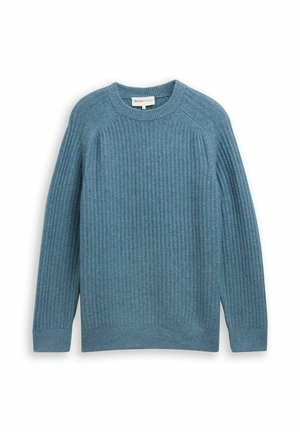 Niebieski sweter wykonany z prążkowanego dzianiny, z długimi rękawami i okrągłym dekoltem. Wykonany z teksturowanej tkaniny, lekko luźny fason z rozcięciami po bokach na dole.