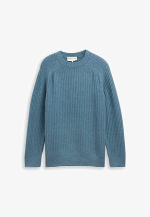 Blauer, gerippter Strickpullover mit langen Ärmeln und einem runden Ausschnitt. Hergestellt aus strukturiertem Stoff mit einem leicht lockeren Sitz und seitlichen Schlitzen am Saum.