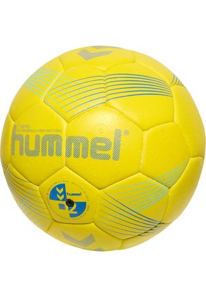 Gul håndbold med tekstureret overflade, blå striber og "hummel" branding. Har en ventil i bunden til oppumpning. Hexagonale paneler.