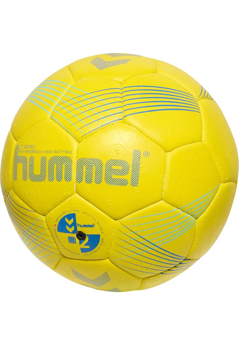 Pallone da pallamano giallo con superficie testurizzata, strisce blu e marchio "hummel". Presenta una valvola nella parte inferiore per il gonfiaggio. Pannelli esagonali.