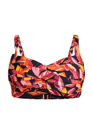 Bikini top with adjustable straps, featuring a black base and vibrant pink, red, and yellow floral patterns; gathered fabric design.