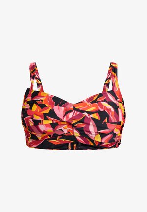 Bikinitopp med justerbara band, med en svart bas och livfulla rosa, röda och gula blommönster; rynkad tygdesign.