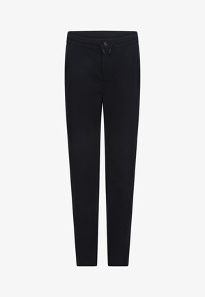 Mustad kitsad püksid on varustatud elastse vöökohta paelaga ja nööbiga kinni tõmbamiseks, kahe esimeses taskuga ning sileda kangaga.