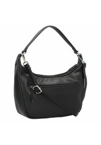 Bolso de hombro de cuero negro con acabado texturizado, correa ajustable y bolsillo delantero con cremallera. Presenta un logo prominente y un diseño minimalista.