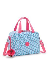 Borsa soft-shell blu e rosa con motivo, manici corti, tracolla staccabile e ciondolo a forma di scimmia, caratterizzata da un esterno testurizzato e modellato.