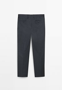 Dark gray trousers with a textured fabric, featuring two back pockets with button closures and a straight-leg design.