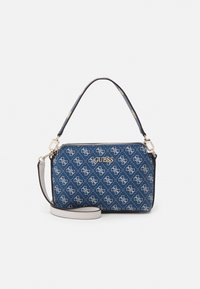 Blauwe schoudertas met patroon, gouden hardware, ritssluiting en afneembare schouderband. Beschikt over een geometrisch logo ontwerp op de stof.