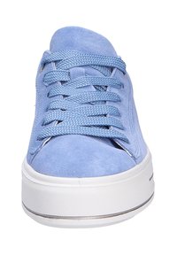Blue suede sneaker with a round toe, textured surface, flat laces, and a white rubber sole featuring a subtle silver accent along the edge.