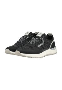 Coppia di sneakers Mustang nere e grigie con tessuto a maglia, suole bianche e dettagli riflettenti, mostrate angolate per vedere davanti e lato.