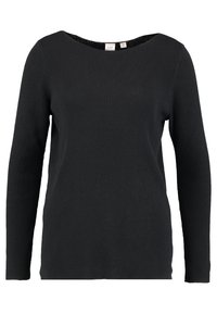 Haut noir en maille côtelée à manches longues avec un col rond large et une coupe décontractée. Présente un motif texturé et des détails de coutures subtiles.