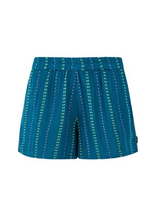 Teal shorts met een elastische tailleband. Met verticale strepen van gele en roze stippen. Zachte, lichte stof met een relaxte pasvorm.