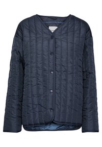Marineblå quilted jakke med V-hals, frontknapper og lange ærmer. Har syede lodrette linjer og en let afrundet kant.