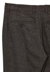 Braune karierten Hosen aus strukturiertem Stoff, mit einer Gesäßtasche mit einem einzelnen schwarzen Knopf und einem Bund mit Schlaufen.
