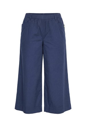Pantalones amplios recortados de pierna ancha en azul marino con cinturilla elástica y bolsillos delanteros, diseñados para un ajuste relajado.