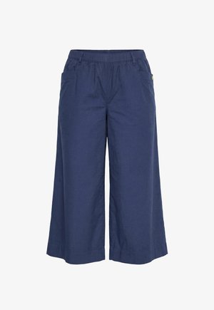 Marineblauwe wijde cropped broek met elastische tailleband en voorzakken, ontworpen voor een ontspannen pasvorm.