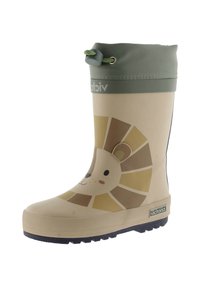Botte imperméable pour enfants en beige avec un design de lion, un haut à bord vert, un système de fermeture à cordon et une semelle texturée pour une meilleure adhérence.