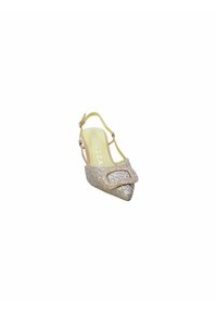 Scarpa slingback con punta affusolata in tessuto metallizzato oro, con una tomaia texturizzata e una fibbia decorativa. Cinghietta alla caviglia robusta con una leggera lucentezza.