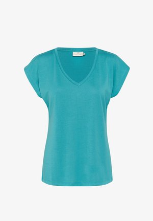 Türkiissinine V-kaelusega t-särk lühikeste dolman-säluvargaga, mis on valmistatud pehmest kangast ja millel on mugav lõtv lõige ning sujuv äär.