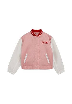 Pink bomber jacket with white sleeves, red striped collar, embroidered "TEAM" in red, and two side pockets with white trim.