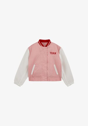Giacca bomber rosa con maniche bianche, colletto a righe rosse, ricamo "TEAM" in rosso e due tasche laterali con bordo bianco.