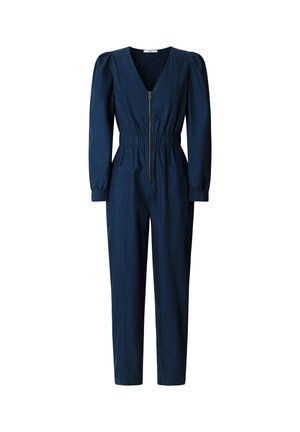 Combinaison bleu marine avec col en V, manches longues bouffantes, fermeture éclair et taille élastique. Comprend deux poches latérales et un design épuré.