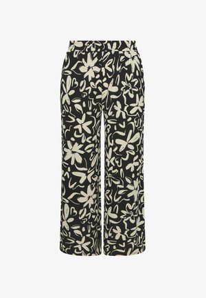 Schwarze, weit geschnittene Hose mit einem abstrakten, weißen Blumenmuster und einem elastischen Bund.