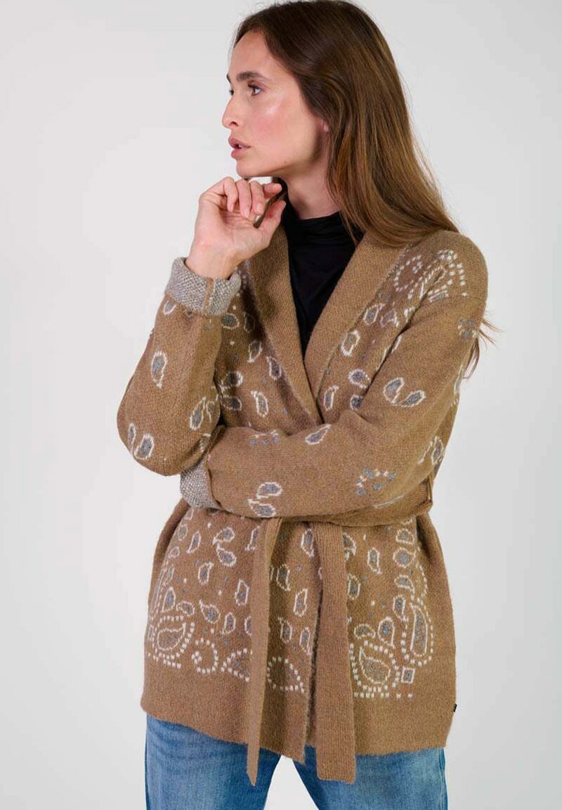 Cardigan en tricot marron avec des motifs décoratifs bleu clair, taille ceinturée, devant ouvert et poignets et col gris contrastants.