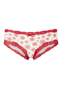 Röda och vita bomullstrosor med spetsdetaljer, prydda med snöflingemönster. Elastiskt midjeband med en liten rosett i mitten.