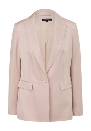 Light pink blazer with a notched collar, single front button, dual side pockets, and smooth texture. Interior features a contrasting lining.