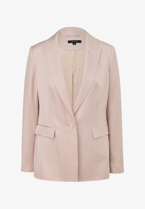 Light pink blazer with a notched collar, single front button, dual side pockets, and smooth texture. Interior features a contrasting lining.