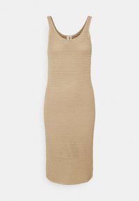 Beige gebreide jurk met een ronde hals en mouwloos ontwerp, met een getailleerde silhoette en een open geweven textuur door het hele kledingstuk.