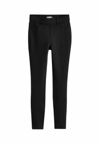 Schwarze Skinny-Jeans aus dehnbarem Stoff, mit enganliegendem Schnitt, fünf Taschen und Gürtelschlaufen an der Taille.