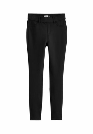 Juodi liekni džinsai, pagaminti iš tamprių medžiagų, su prigludusia siluetu, penkių kišenių dizainu ir diržo kilpomis juosmens srityje.