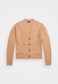 Beige stickad cardigan med v-ringning, knäppning framtill, två framfickor och ribbad mudd. Har en logotyp på vänster ficka.